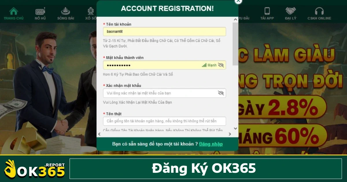 Đăng Ký Ok365 1 Việc đăng ký OK365 không chỉ nhanh chóng mà còn cực kỳ đơn giản, phù hợp với mọi đối tượng người chơi