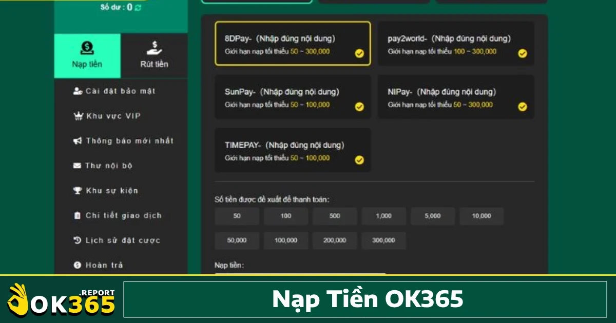 Nạp Tiền Ok365 2 OK365 còn hỗ trợ các phương thức thanh toán trung gian như các cổng thanh toán điện tử, hệ thống thanh toán quốc tế